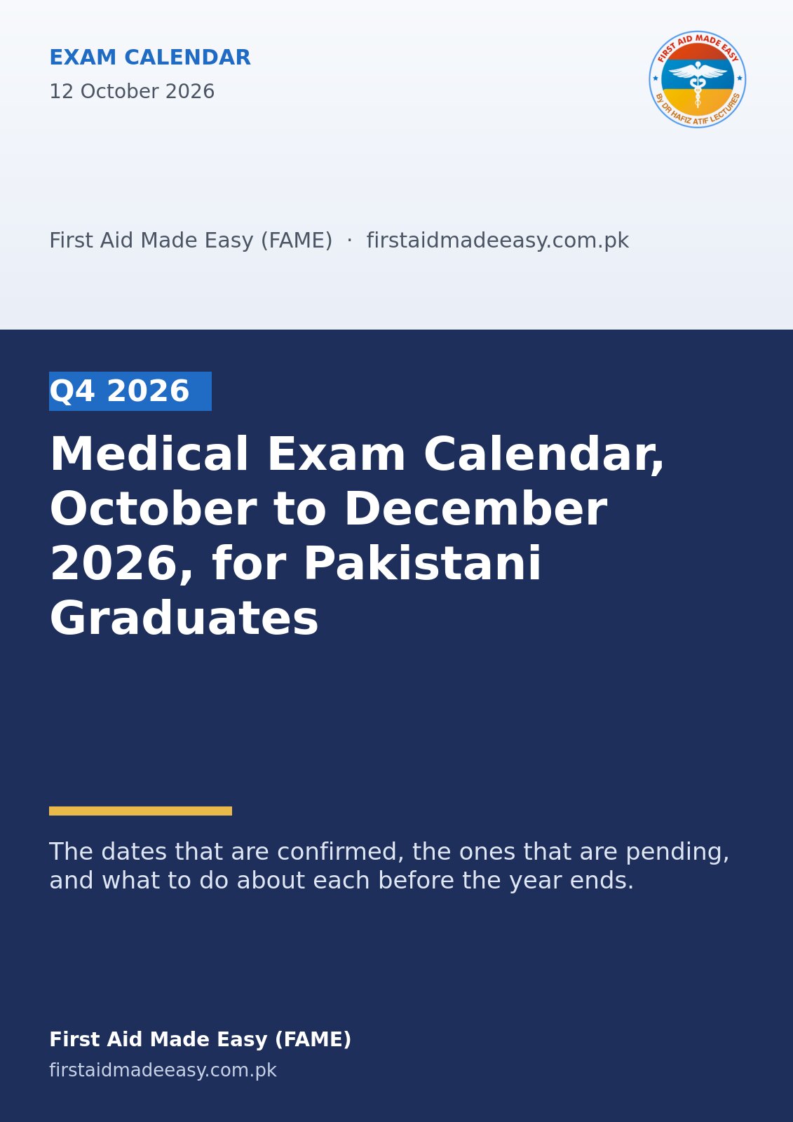 Medical Exam Calendar, October to December 2026, for Pakistani Graduates